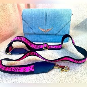 Zadig and Voltaire denim cross-body handbag with silver and pink accents.